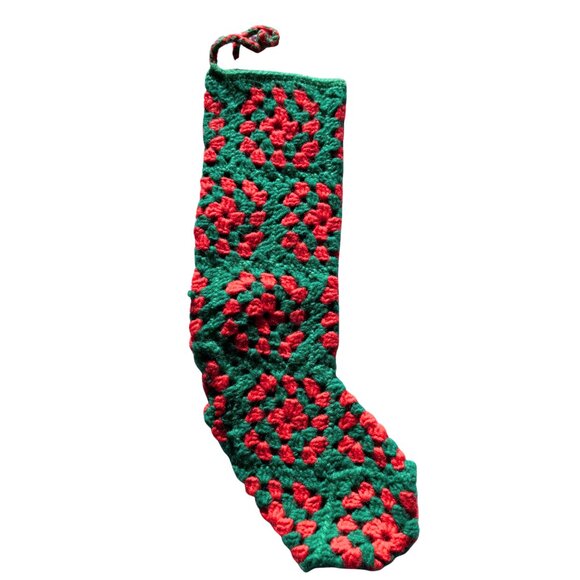 Crocheted Granny Square Red Green Christmas Stocking Handcrafted 18" - Picture 2 of 3